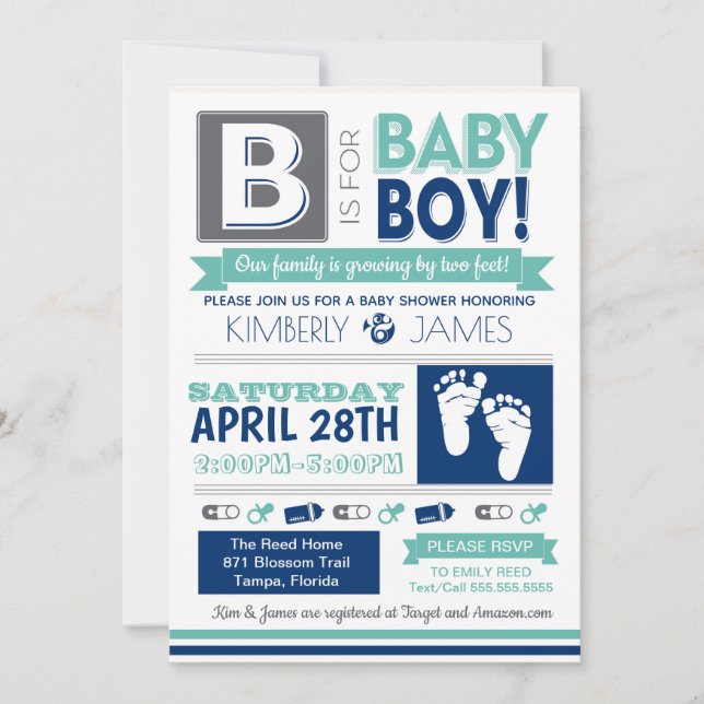 Baby Feet Poster Style Boy Shower Invitation (Front)