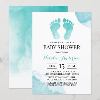Baby Feet Watercolor Turquoise Baby Shower Invitation