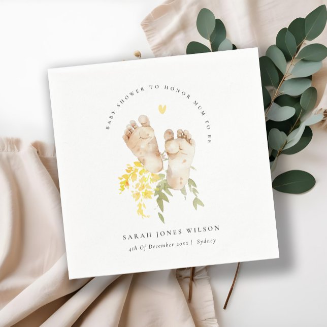 Baby Feet Yellow Floral Gender Neutral Baby Shower Napkin (Creator Uploaded)