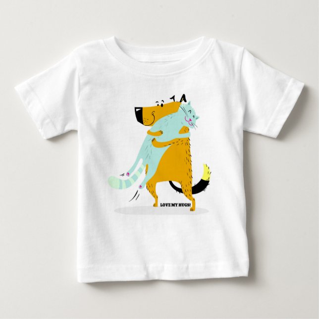 Baby Fine Jersey T-Shirt with Cat and Dog Hugging (Front)