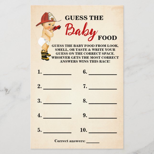 Baby Firefighter Guess Baby Food Shower Game Card (Front)