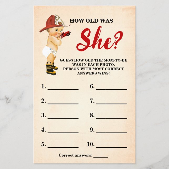 Baby Firefighter How old Mum Baby Shower Game Card (Front)