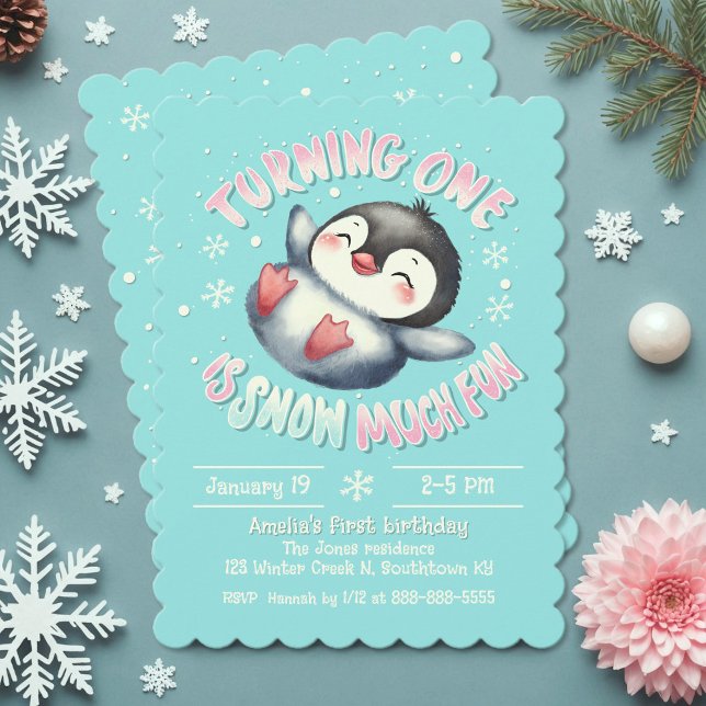 Baby First Birthday Cute Winter Penguin Aqua Blue Invitation (Adorable Winter-themed 1st birthday invitation featuring a happy baby penguin playing in the snow.)