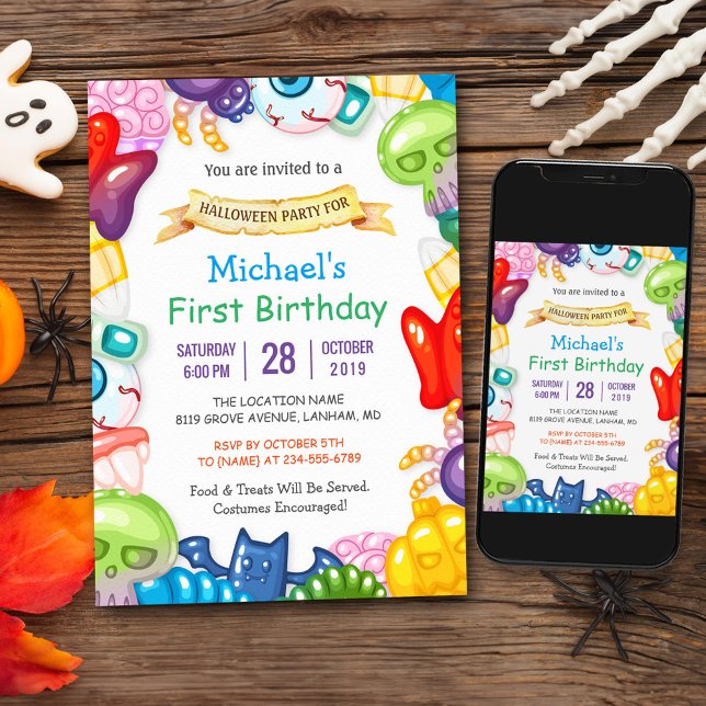 Baby First Birthday Halloween Party Monster Toys Invitation (Capture the hearts of both kids and parents, creating a delightful atmosphere for the celebration.)
