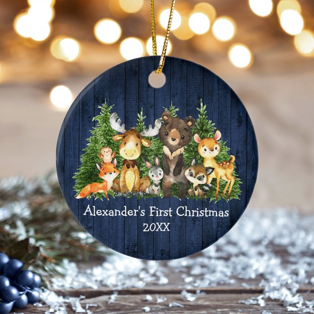 Baby First Blue Wood Christmas Forest Animals Ceramic Tree Decoration (Customize with name and year.)