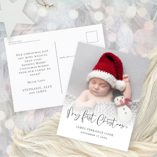 Baby First Christmas Birth Date Photo Overlay  Holiday Postcard (Front and back view)