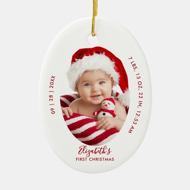 Baby First Christmas Birth Stats Name Minimal Red Ceramic Tree Decoration (Front)