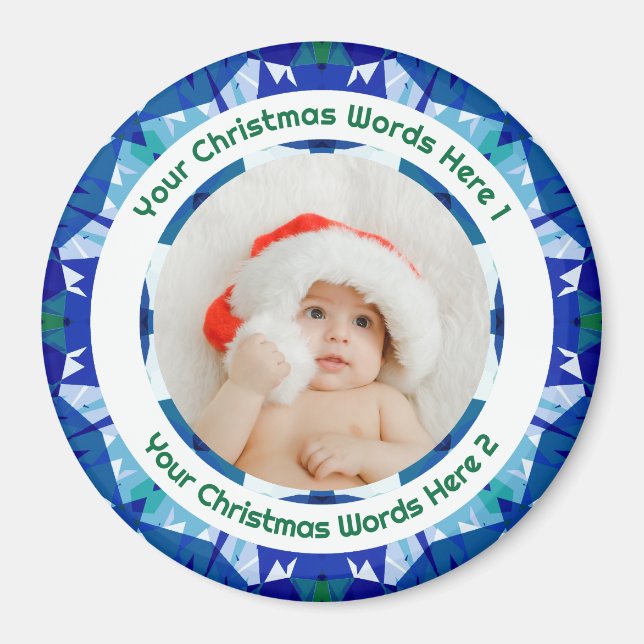 Baby First Christmas Blue Green Family Photo Gift Magnet (Front)