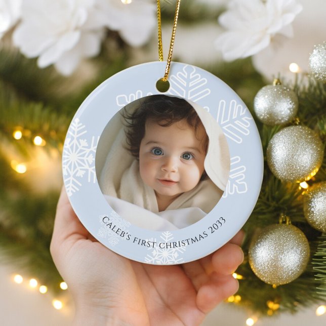 Baby First Christmas blue modern Snowflakes  Photo Ceramic Tree Decoration (baby boys first christmas personalized xmas  tree ornament , ideal for gifting)