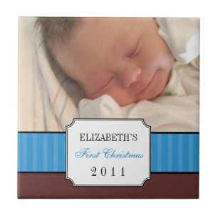 Baby first christmas blue ribbon stripe keepsake tile