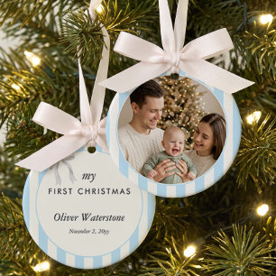 Baby First Christmas Blue Stripe Photo Ceramic Tree Decoration