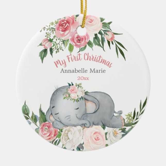 Baby First Christmas Blush Rose Elephant  Ceramic Tree Decoration (Front)