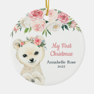 Baby First Christmas Blush Rose Polar Bear Ceramic Tree Decoration