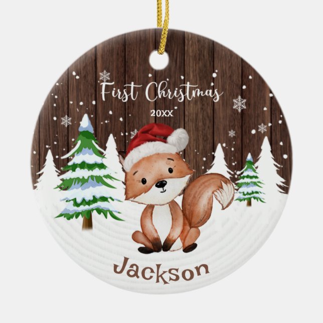 Baby First Christmas Boy's Fox Personalised Ceramic Tree Decoration (Front)