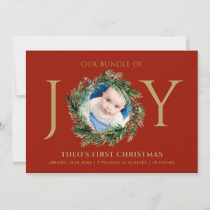 Baby First Christmas Bundle Of Joy Red Floral Gold Holiday Card