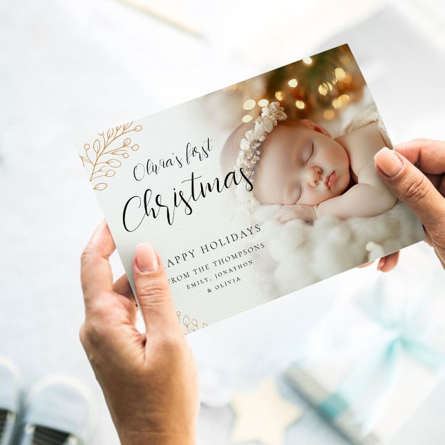 Baby First Christmas Calligraphy Leaves Photo Holiday Card (Creator Uploaded)