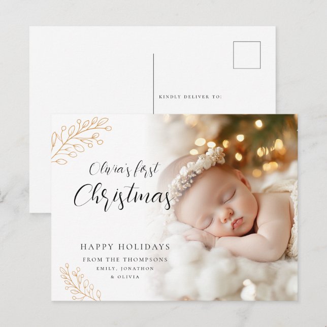 Baby First Christmas Calligraphy Leaves Photo Holiday Postcard (Front/Back)