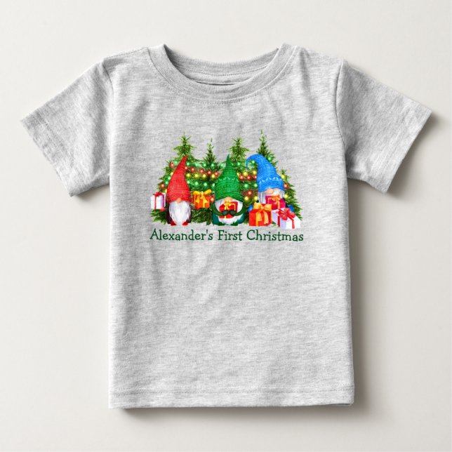 Baby First Christmas Christmas Gnomes Lights Grey T-Shirt (Front)