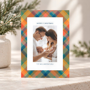 Baby First Christmas Colourful Plaid Family Photo Holiday Card