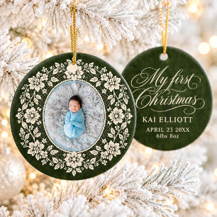 Baby First Christmas Cream Lace Green Birth Stats Ceramic Tree Decoration