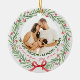 Baby First Christmas Custom 2-Photo & Birth Stats Ceramic Tree Decoration