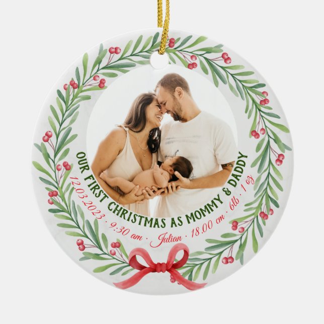 Baby First Christmas Custom 2-Photo & Birth Stats Ceramic Tree Decoration (Front)