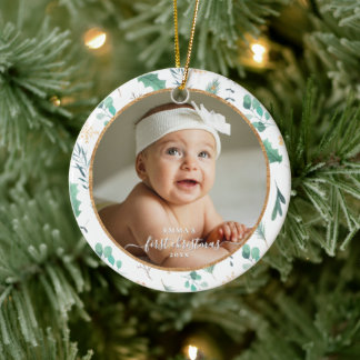 Baby First Christmas Custom Photo Watercolor Ceramic Tree Decoration