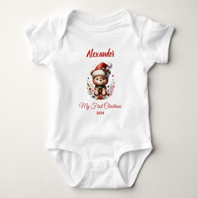 Baby first Christmas cute Bear personalised Bodysuit (Front)