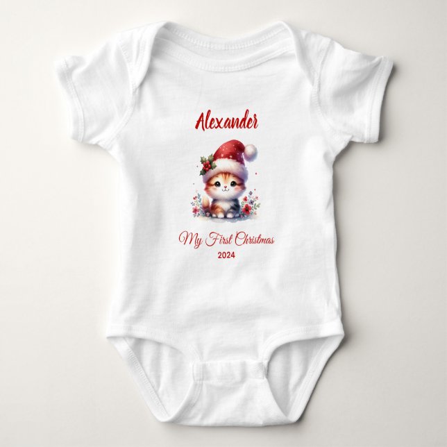 Baby first Christmas cute Cat personalised Bodysuit (Front)