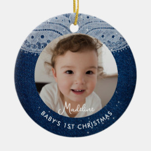 Baby First Christmas Denim Diamonds Rustic Lace Ceramic Tree Decoration