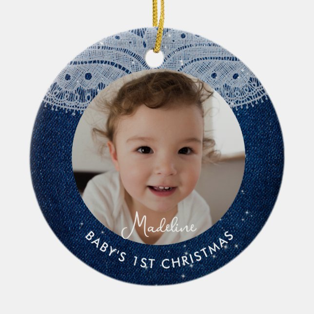 Baby First Christmas Denim Diamonds Rustic Lace Ceramic Tree Decoration (Front)