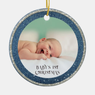 Baby First Christmas Denim Rhinestones Snowflakes Ceramic Tree Decoration