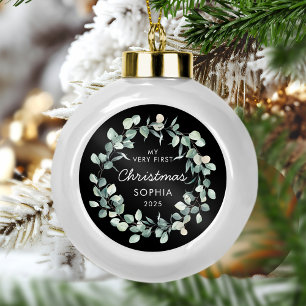 Baby First Christmas Eucalyptus Wreath Black Ceramic Ball Christmas Ornament