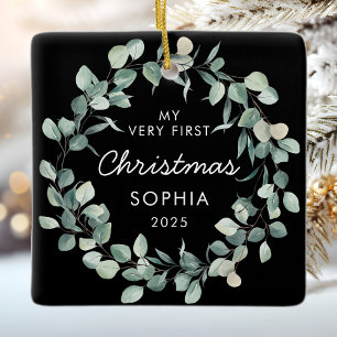 Baby First Christmas Eucalyptus Wreath Black Ceramic Ornament