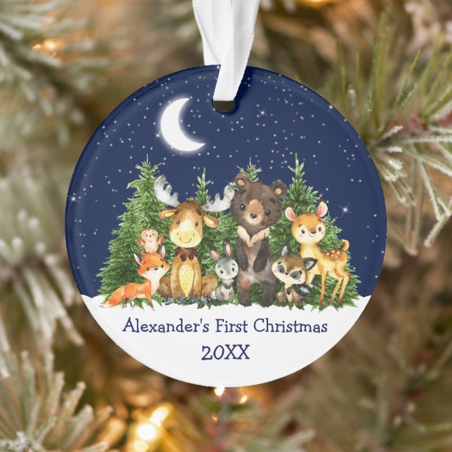 Baby First Christmas Forest Animals Blue Ornament (Tree)