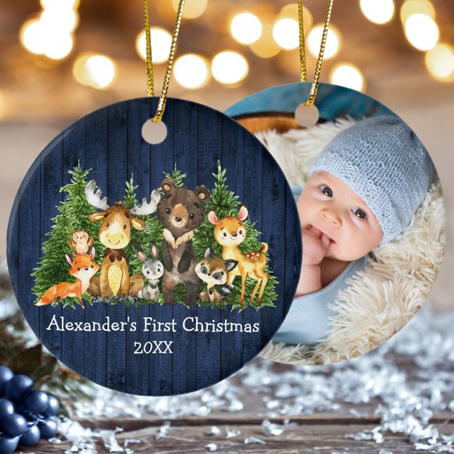 Baby First Christmas Forest Animals Blue PHOTO Ceramic Tree Decoration (Customize with name, year and photo on back.)