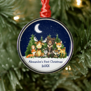 Baby First Christmas Forest Animals Blue Round Metal Tree Decoration