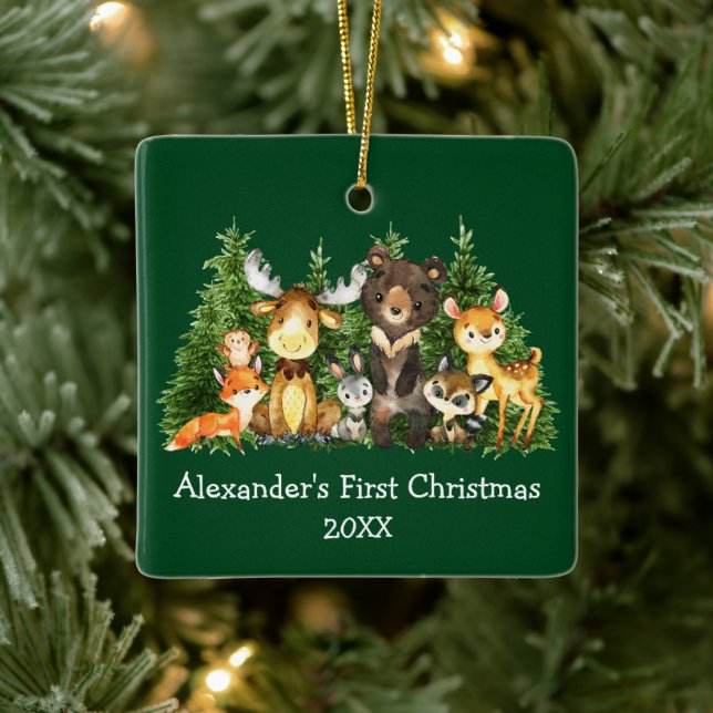 Baby First Christmas Forest Animals Green Ceramic Ornament (Tree)