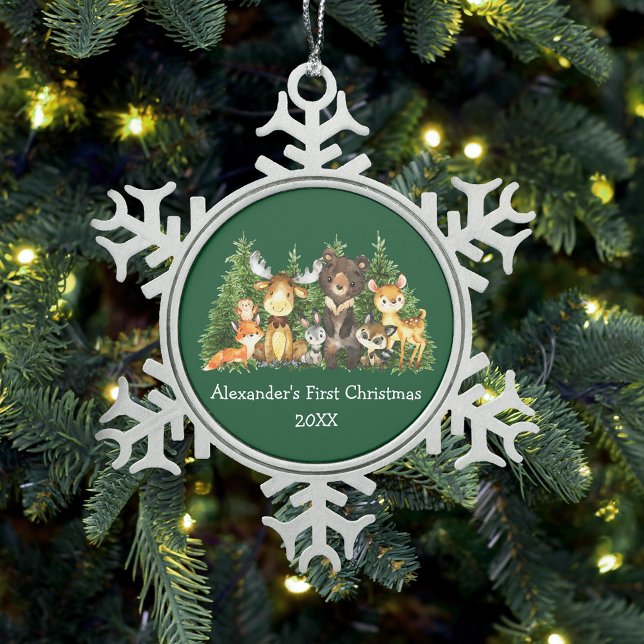 Baby First Christmas Forest Animals Green Snowflake Pewter Christmas Ornament (Customize with name and year.)