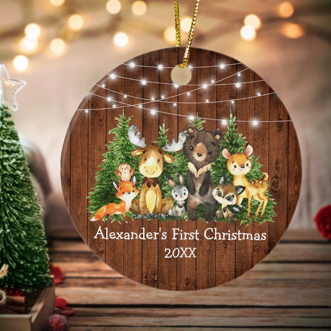 Baby First Christmas Forest Animals Lights Rustic Ceramic Tree Decoration (Customize with name and year.)