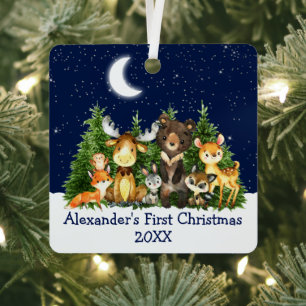 Baby First Christmas Forest Animals Moon Blue Metal Tree Decoration
