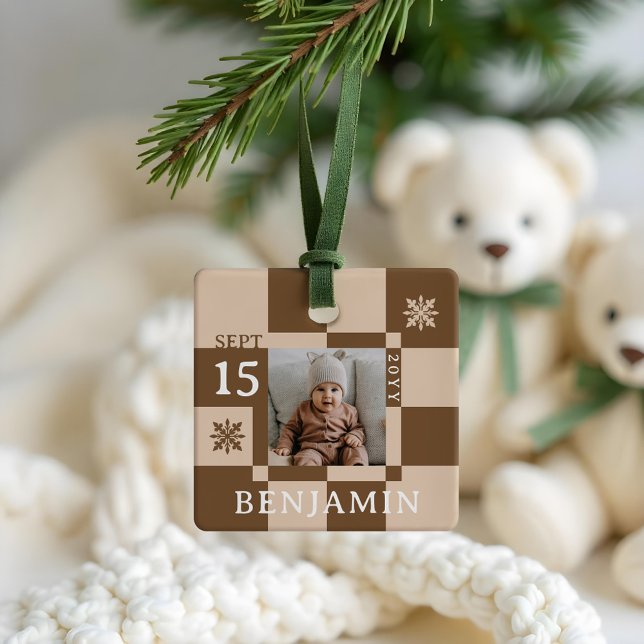 Baby First Christmas Fun Retro Chequerboard Photo Ceramic Ornament (Baby First Christmas Fun Retro Checkerboard Photo Ceramic Ornament)