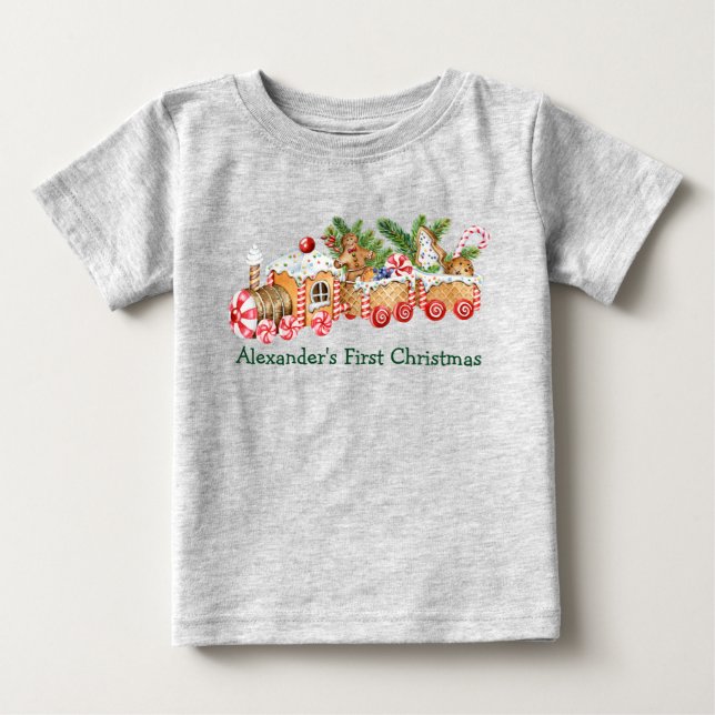 Baby First Christmas Gingerbread Train Candy Grey T-Shirt (Front)