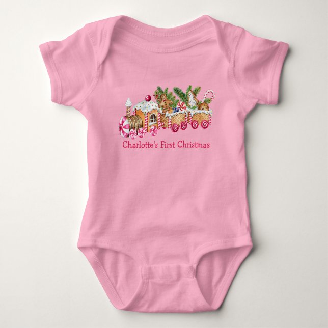 Baby First Christmas Gingerbread Train Candy Pink Bodysuit (Front)