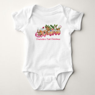 Baby First Christmas Gingerbread Train Pink Candy Bodysuit