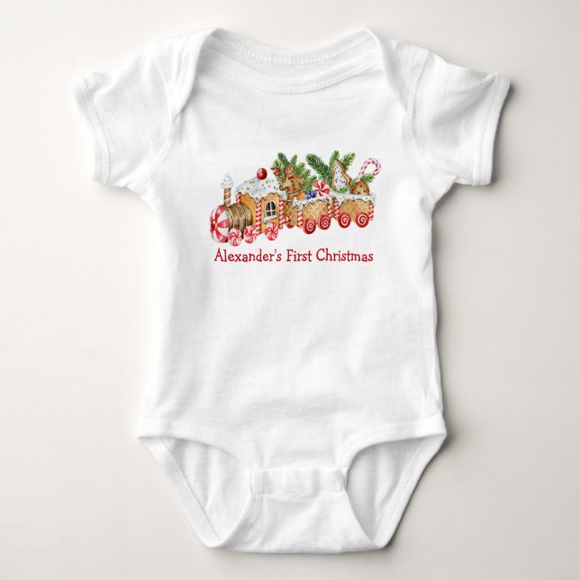 Baby First Christmas Gingerbread Train Red Candy Baby Bodysuit (Front)