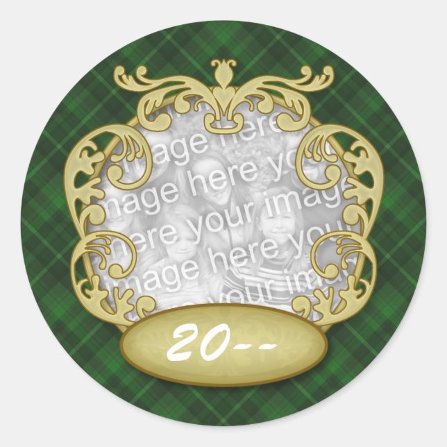 Baby First Christmas Green Plaid Classic Round Sticker (Front)