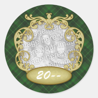 Baby First Christmas Green Plaid Classic Round Sticker