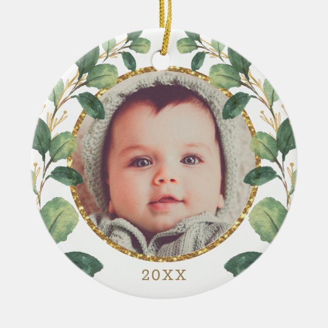 Baby First Christmas Greenery Gold Eucalyptus Ceramic Tree Decoration (Front)