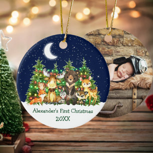 Baby First Christmas Lights Forest Animals PHOTO Ceramic Tree Decoration